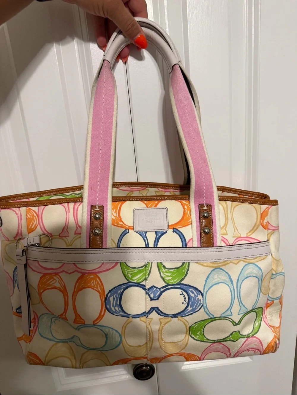 Coach 2007 Scribble Multicolor Tote Pink Trim Handles